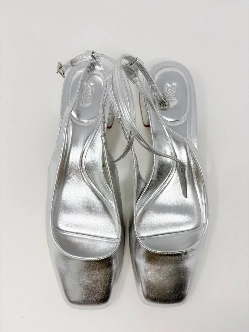 Zara Block Heel Ballerina Square Toe Slingback Heels Silver Size 40/9-9.5 - Picture 11 of 16